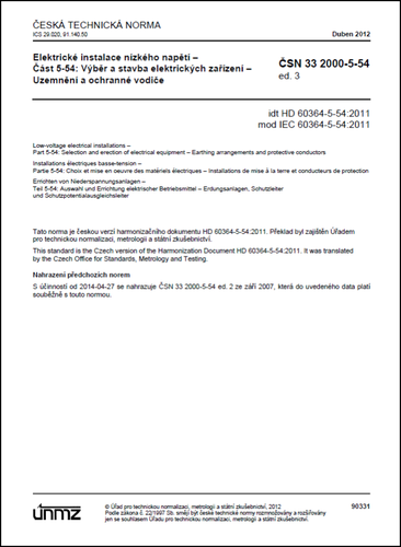 ČSN 33 2000-5-54 ed. 3 - Uzemnění a ochranné vodiče