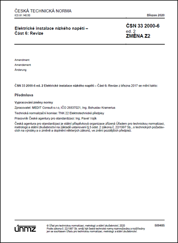 ČSN 33 2000-6 ed. 2 Změna Z2 - Elektrické instalace nn - Část 6: Revize