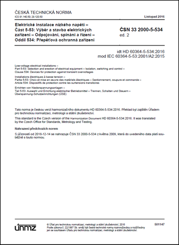 ČSN 33 2000-5-534 ed. 2 - Přepěťová ochranná zařízení