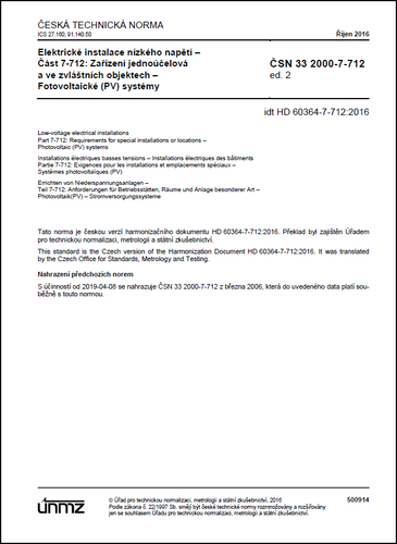 ČSN 33 2000-7-712 ed. 2 - Elektrické instalace nn - Fotovoltaické (PV) systémy