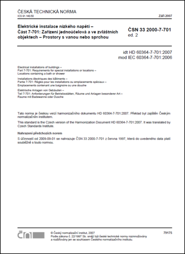 ČSN 33 2000-7-701 ed. 2 - Elektrické instalace nn - Prostory s vanou nebo sprchou