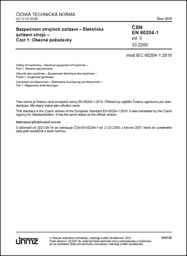 ČSN EN 60204-1 ed. 3 - El. zařízení strojů - Obecné požadavky